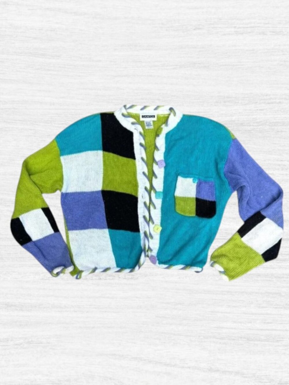 GANTOS Vintage 80s 90s Blue Green Colorblock Squares Geometric Cardigan Sweater